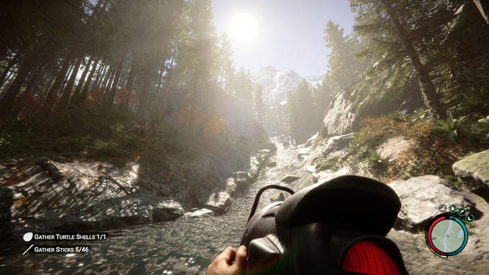 The player looks up a river ravine into the sun in Sons Of The Forest