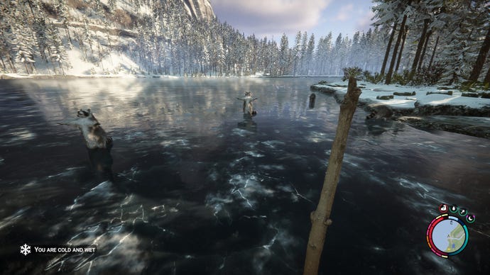 Raccoons t-pose in an icy lake in Sons Of The Forest