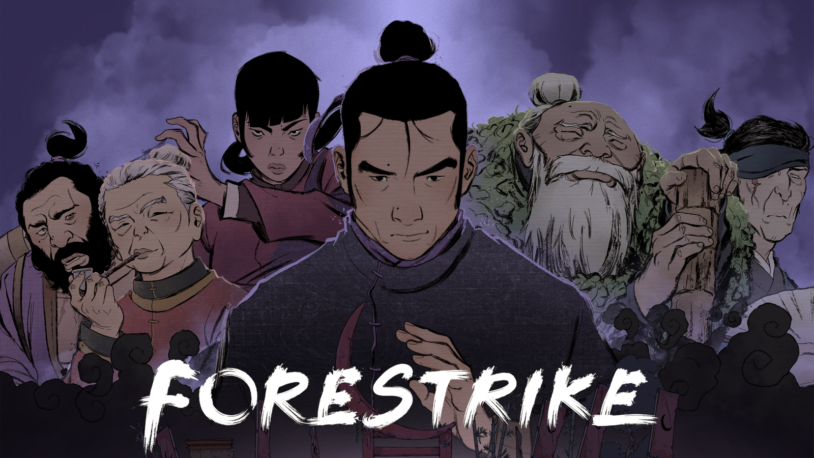 Artwork for Forestrike showing kung-fu master in centre surrounded by other cartoon characters with game logo