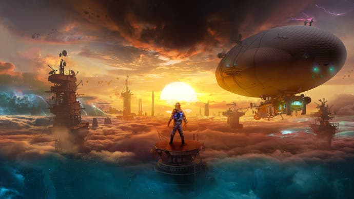 Key artwork for Forever Skies showing a lone figure looking out over a sea of clouds as the sun sets in the background. An airship can be seen in the skies on the right
