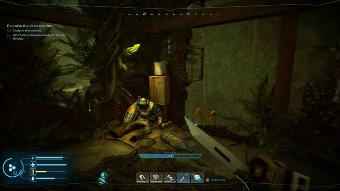 A fallen explorer lies slumped in the corner of a dark room cradling an oxygen tank in Forever Skies