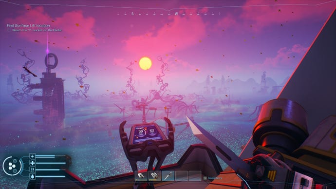 The player looks out at an apocalyptic sunset from inside an airship in Forever Skies