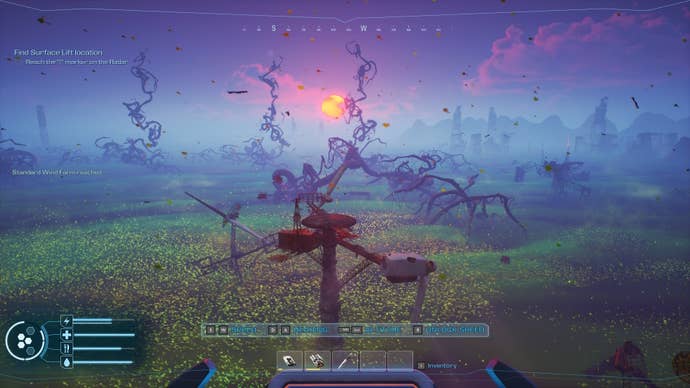 A rusted wind turbine pokes above a toxic green cloud sea in Forever Skies