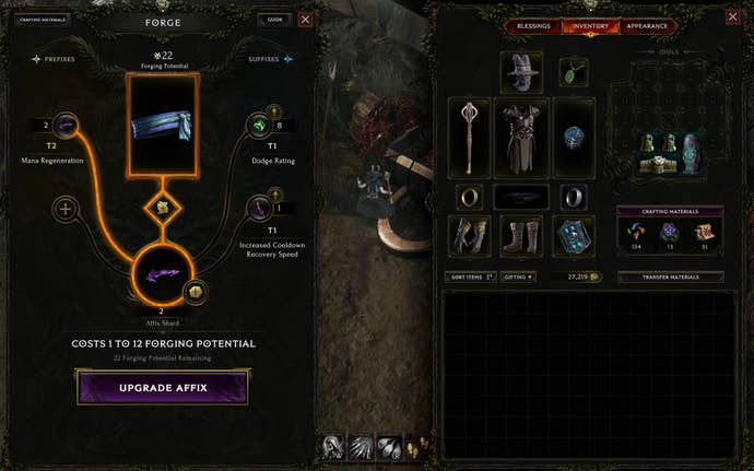 Last Epoch screenshot showing A belt item has been placed into Last Epoch’s forge screen, with options for different affixes displayed at the side.