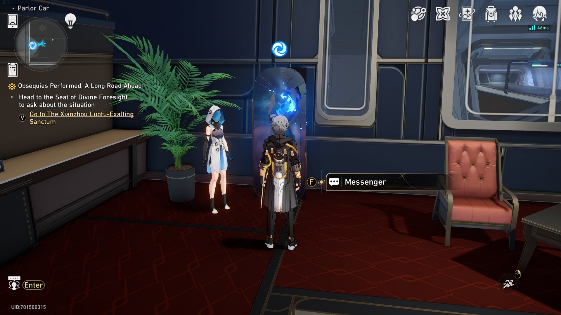 gameplay of male trailblazer looking at the forgotten hall mirror which is glowing blue and cracked, with a hooded character to its left, all inside a train carriage