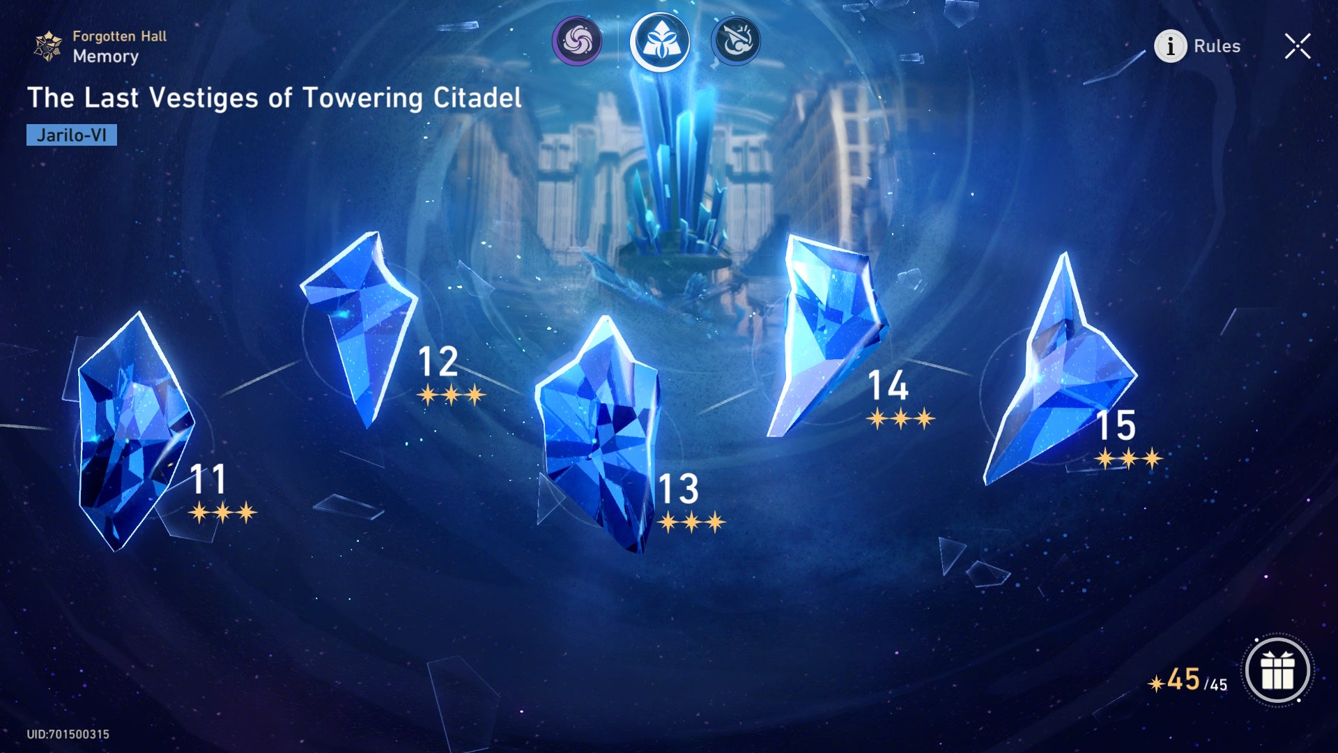 menu of the blue memory section of forgotten hall challenges