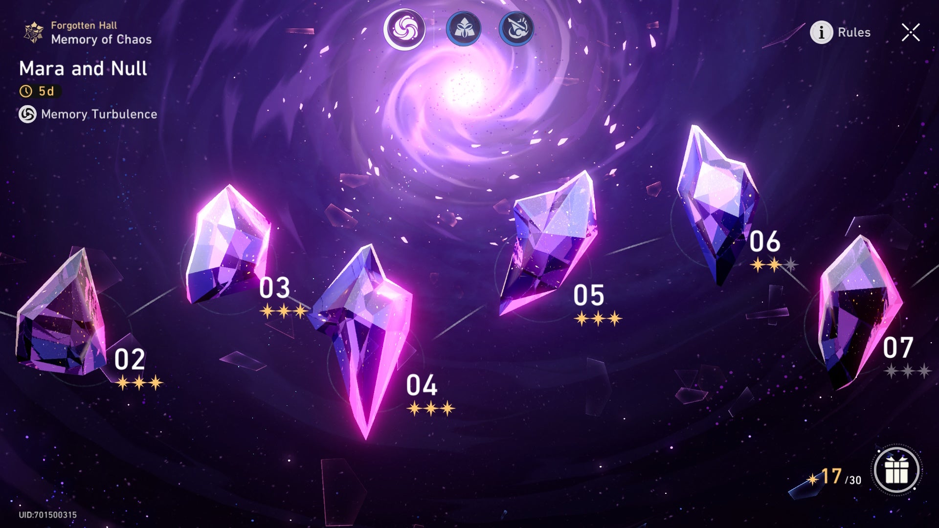 menu of the pink chaos memory section of forgotten hall challenges