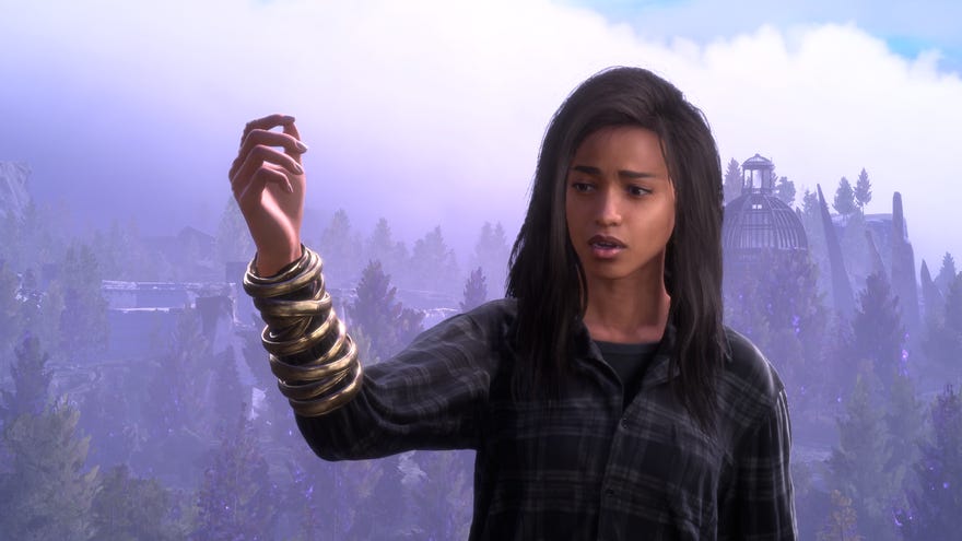 In Forspoken, an incredulous Frey inspects Cuff, her new travelling companion/sentient bracelet.