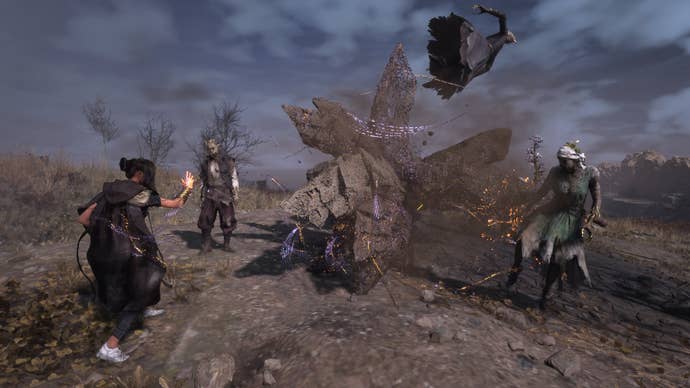 Frey battles corrupted human enemies with her rock powers in Forspoken.