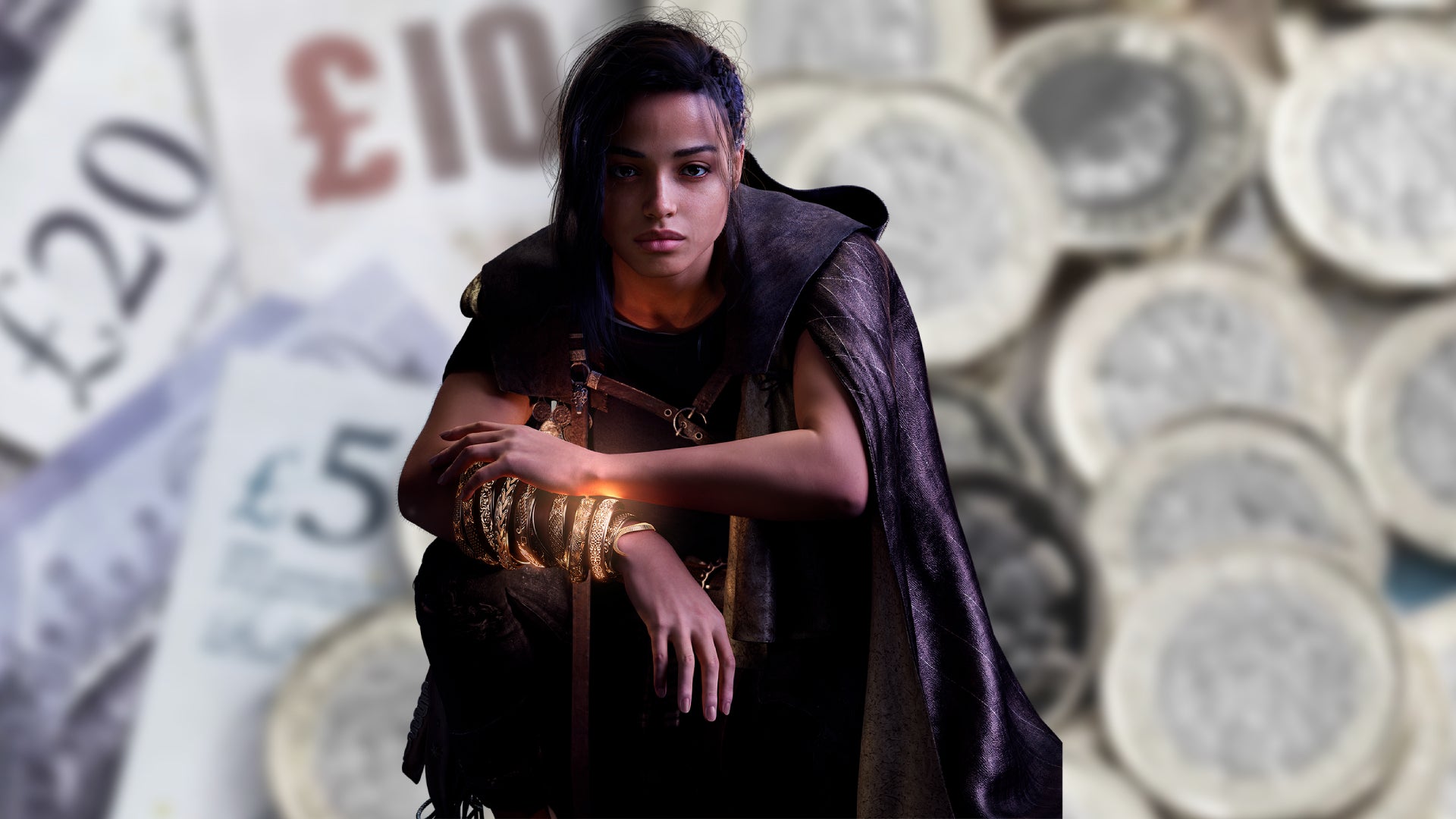 Forspoken's Frey sits over the top of some desaturated, blurred, English Sterling cash. - 1