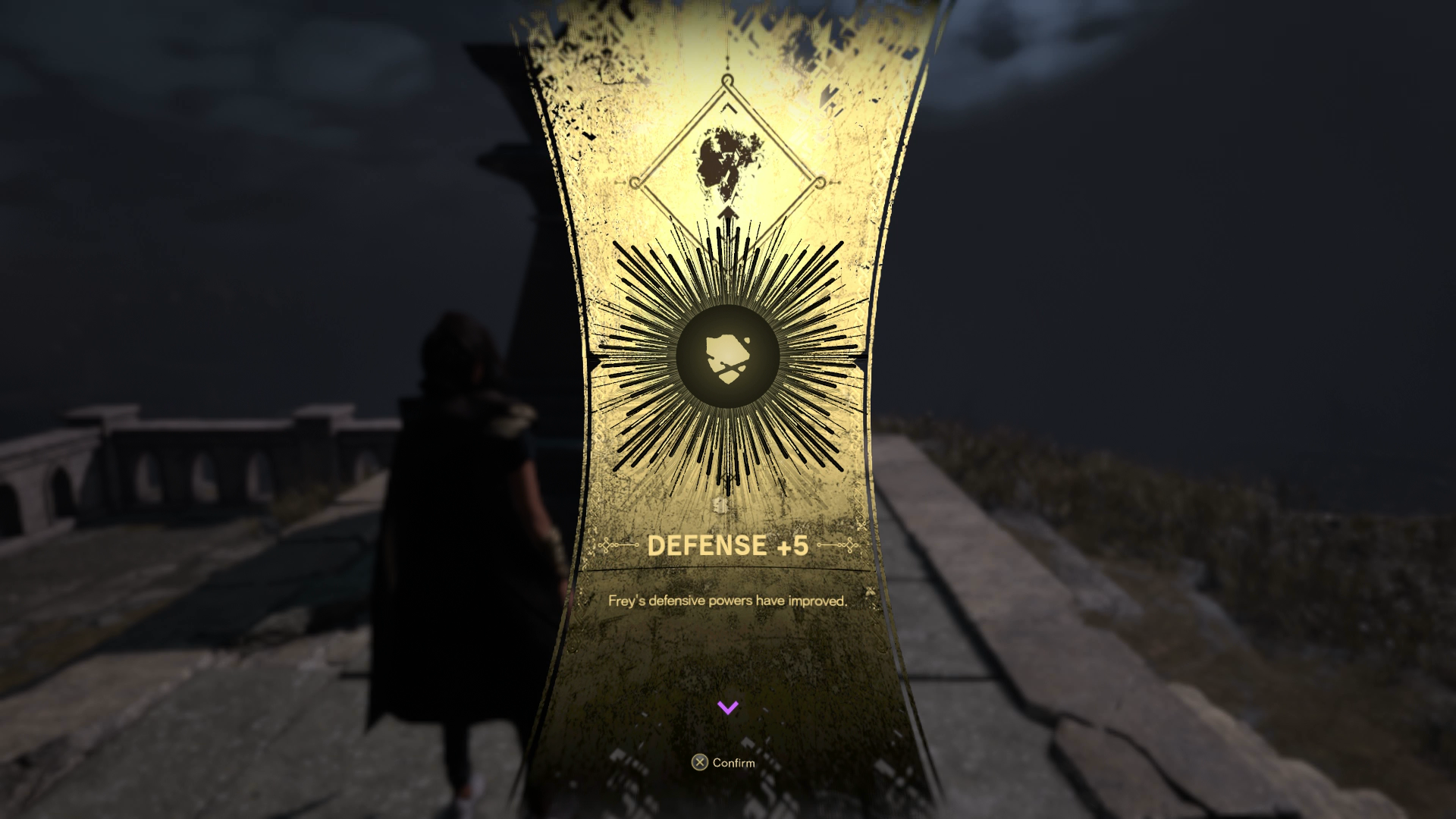 Frey receiving a stat boost at a monument of strength in Forspoken