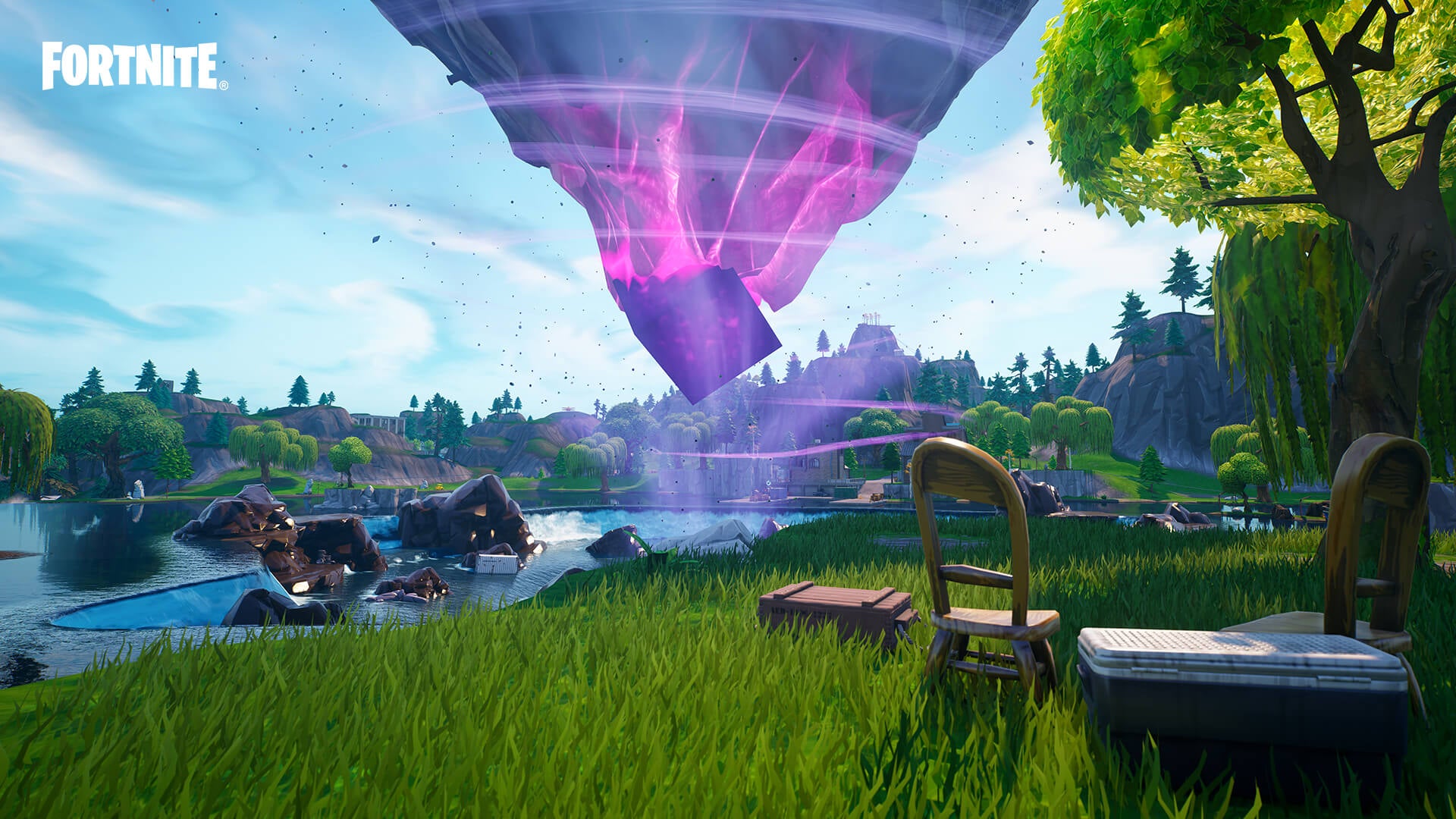 Fortnite&rsquo;s OG season screenshot showing the beloved Loot Lake with the purple Kevin the Cube hovering above.