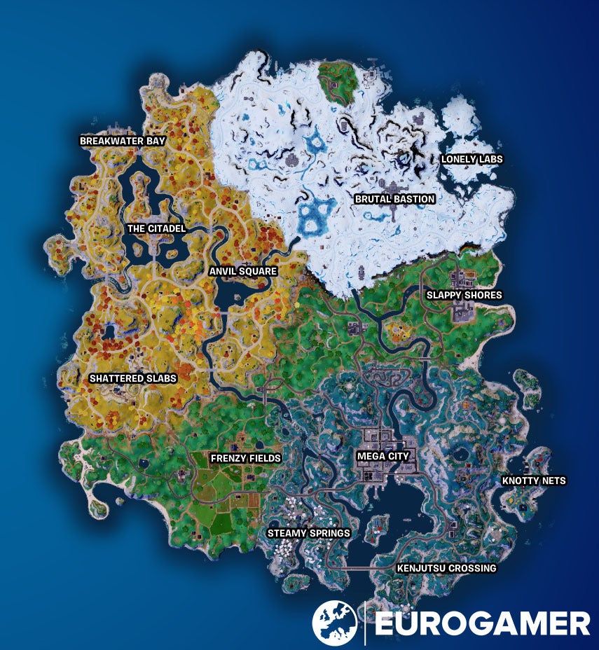 Chapter 4 Fort Map Fortnite Chapter 4 Season 2 map, named locations and landmarks ...