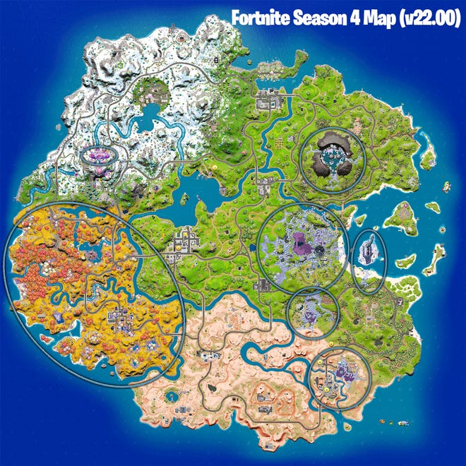 Een vergelijking tussen de Fortnite Season 3 map en de Season 4 map.