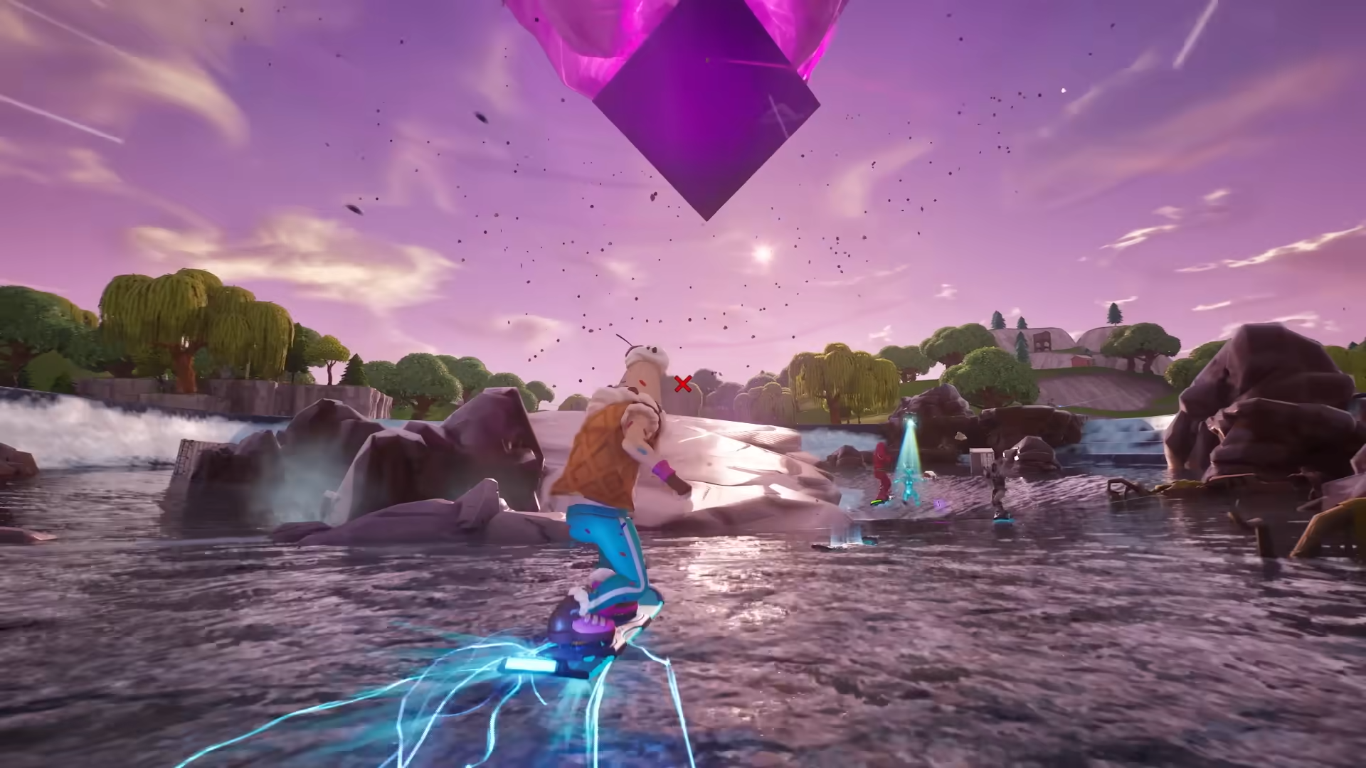 Fortnite&rsquo;s Kevin the Cube hangs above Loot Lake in the rebooted season OG.