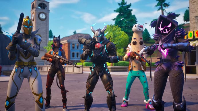 A group of five Fortnite players in different costumes