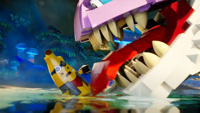 Fortnite Lego Lost Isles trailer screengrab showing the banana-like Peely getting licked by a large strange creature