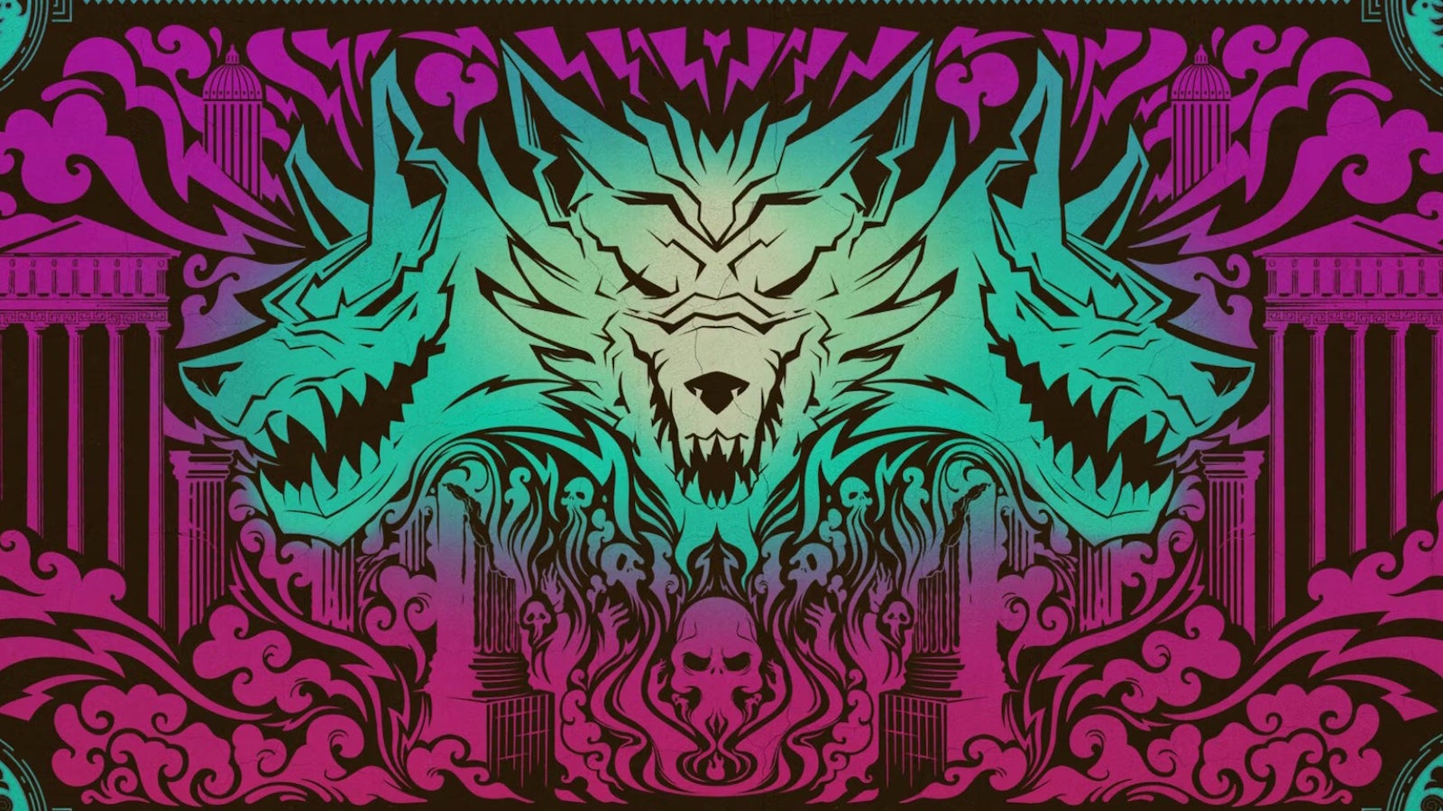 The Odyssey&rsquo;s Origin loading screen in Fortnite, which is three green wolf heads on a pink Greek-styled background.