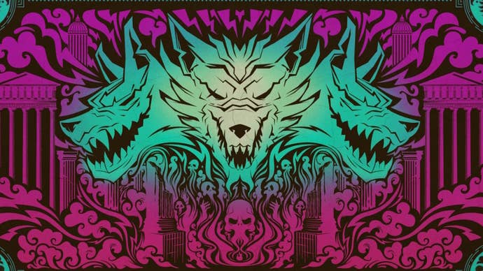 The Odyssey’s Origin loading screen in Fortnite, which is three green wolf heads on a pink Greek-styled background.