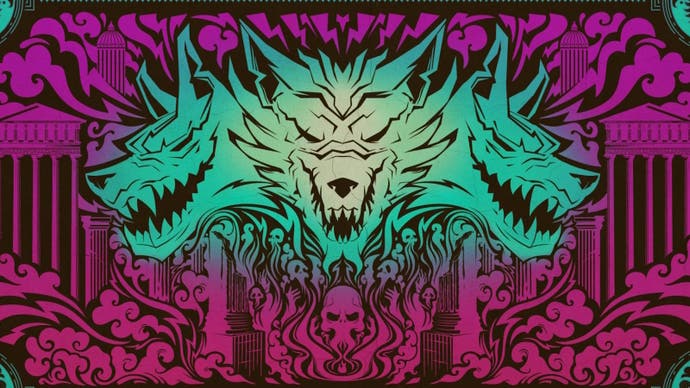 The Odyssey's Origin loading screen in Fortnite, which is three green wolf heads on a pink Greek-styled background.