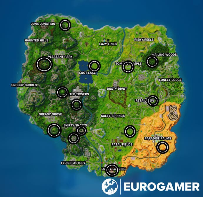 Fortnite OG Hoverboard Locations circled on the map.