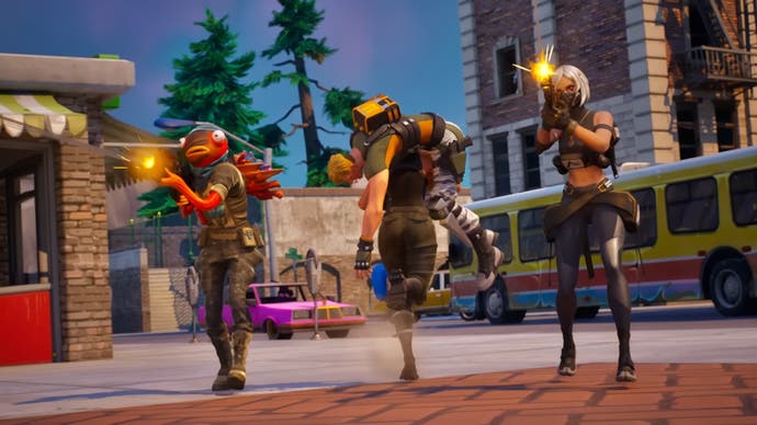 Fishstick and other Fortnite characters in Reload's Tilted Towers.