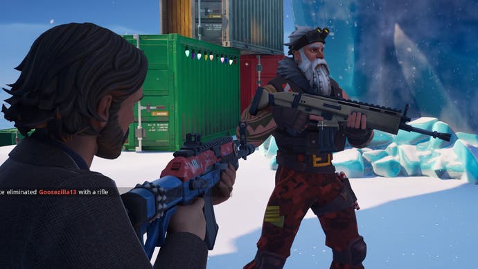 A Fortnite player takes aim at Sgt Winter on Winterberg isle.