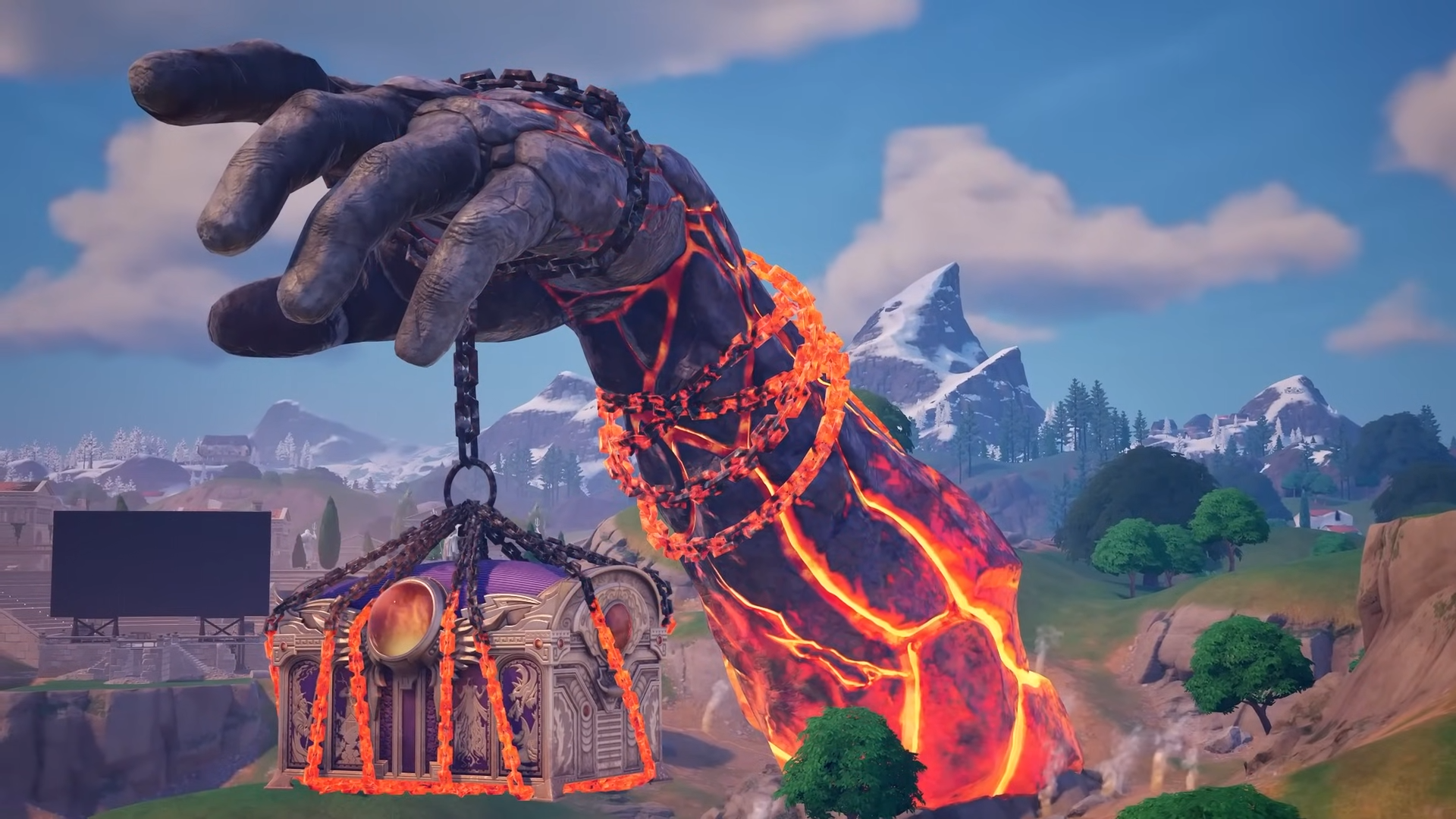 A giant molten hand holding a treasure box bursts forth from Fortnite&rsquo;s Island.