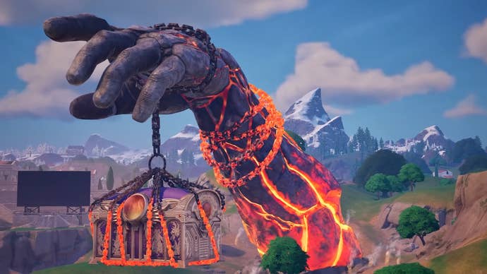 A giant molten hand holding a treasure box bursts forth from Fortnite’s Island.