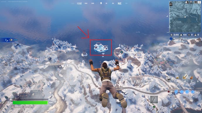 A Fortnite Character dives from the bus, angling for Winterberg Isle.