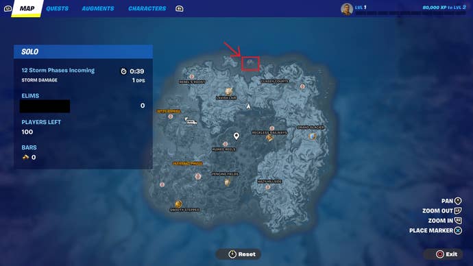 An overhead picture of Fortnite’s battle royale mapwith Winterberg highlighted by a red indicator.