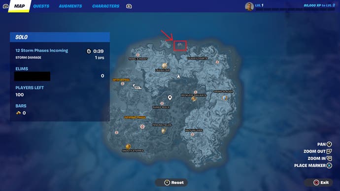 An overhead picture of Fortnite's battle royale mapwith Winterberg highlighted by a red indicator.