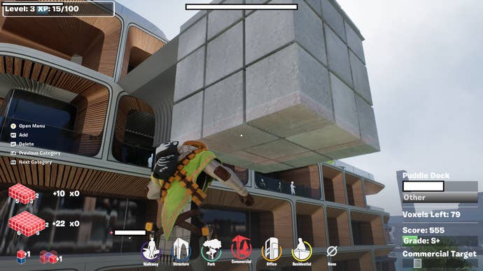 Fortnite Re:Imagine London screenshot showing a cube being positioned next to modern architecture