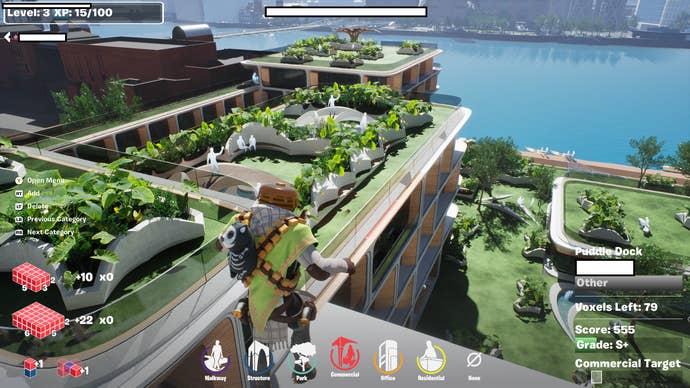 Fortnite Re:Imagine London screenshot showing rooftop gardens by the Thames