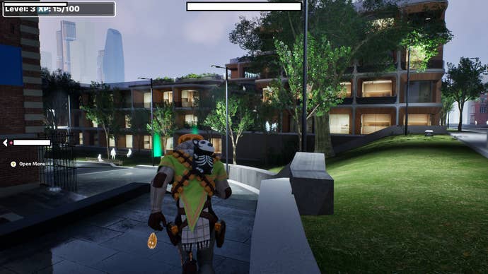 Fortnite Re:Imagine London screenshot showing modern architectural residences with lights on in the evening