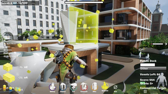 Fortnite Re:Imagine London screenshot showing the cube being constructed next to modern buildings