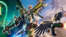 Blurred Chapter 5 Season 2 artwork for Fortnite's Greek-themed season, with a new shotgun and SMG weapon in the foreground, and the Icarus Wings utility weapon.