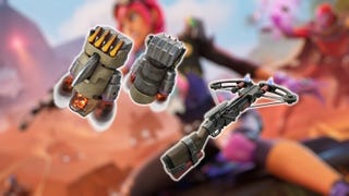 Blurred Fortnite Chapter 5 Season 3 promotional artwork with Magneto and a female character with a bow, and the Nitro Fist and Boom Bolt weapons in the foregorund.
