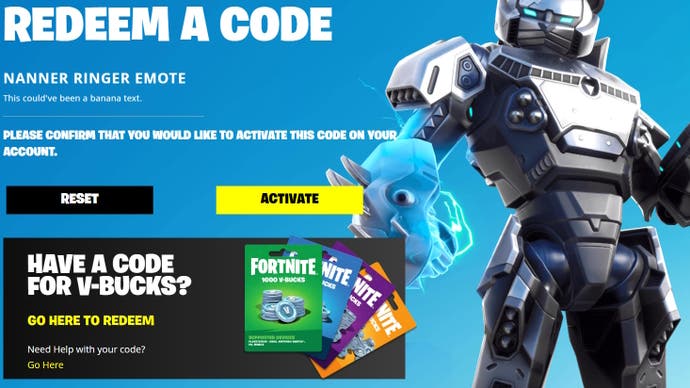 cropped website redemption page with a light blue background showing what reward is about to be redeemed in text and a robot character to the right and v-bucks redemption advice at the bottom in a pop-up