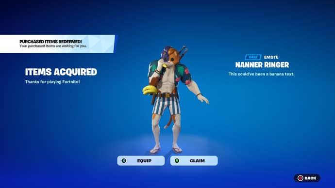 summer outfit meowscles using the banana ringer emote on a blue background with text showing a successful redemption of the emote