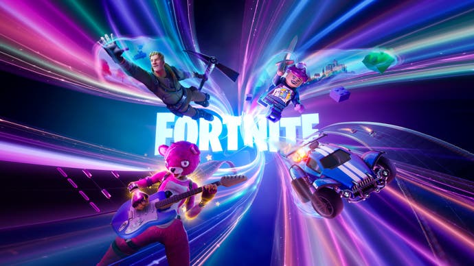 Fortnite promo image showing Jonesy, Cuddle Team Leader, Lego and vehicles