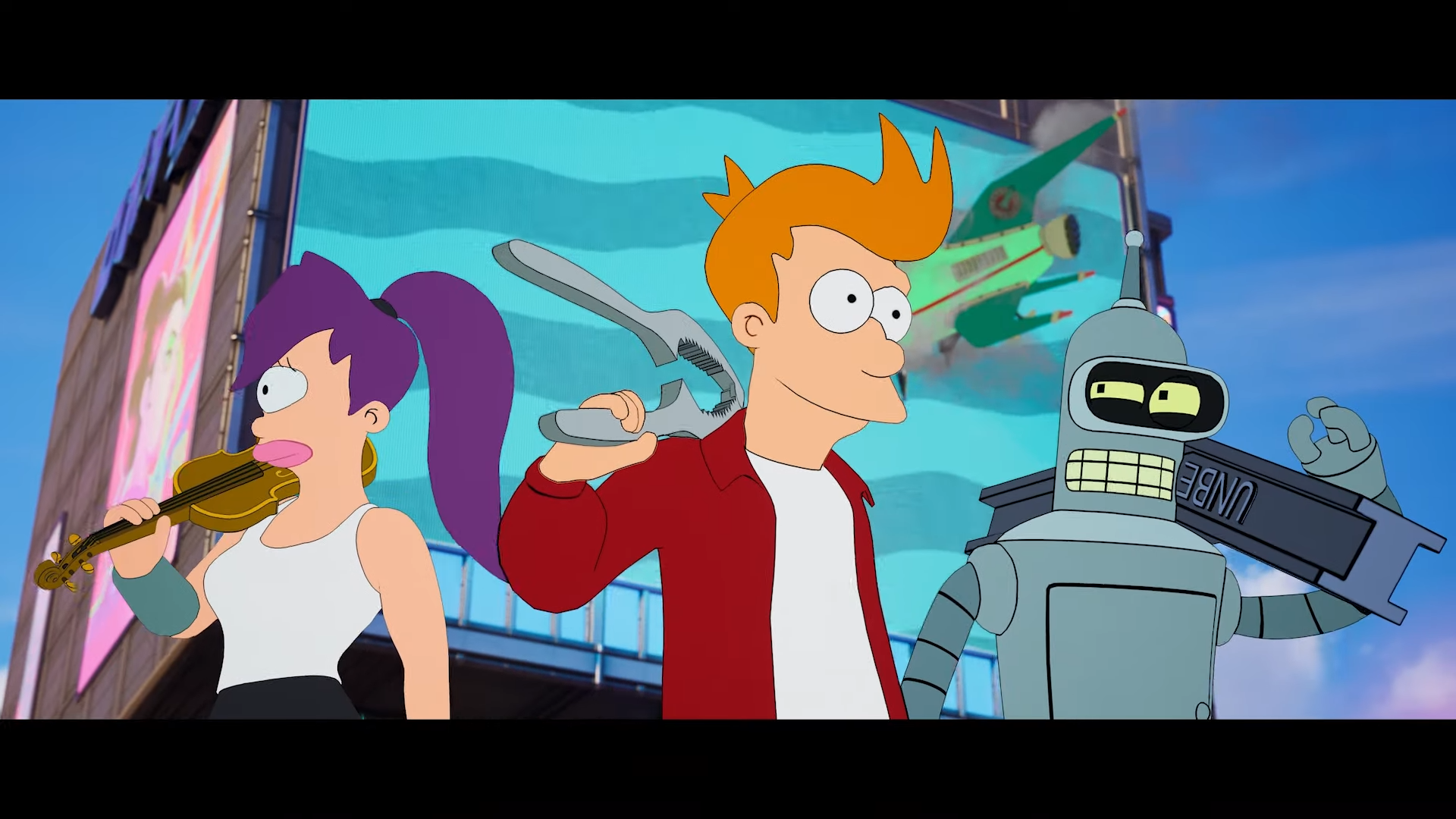 Futurama&rsquo;s Fry, Leela and Bender in Fortnite.