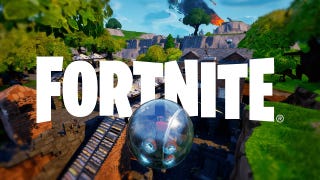 Fortnite logo over gameplay showing sphere