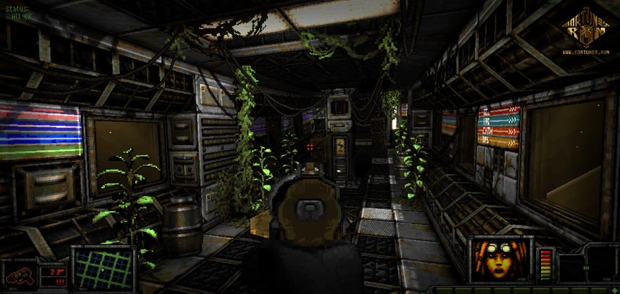 An interior from sci-fi game Fortune's Run, with plants growing in corners.