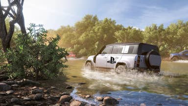 A Jeep in Forza Horizon 5 with a PlayStation logo on its side.