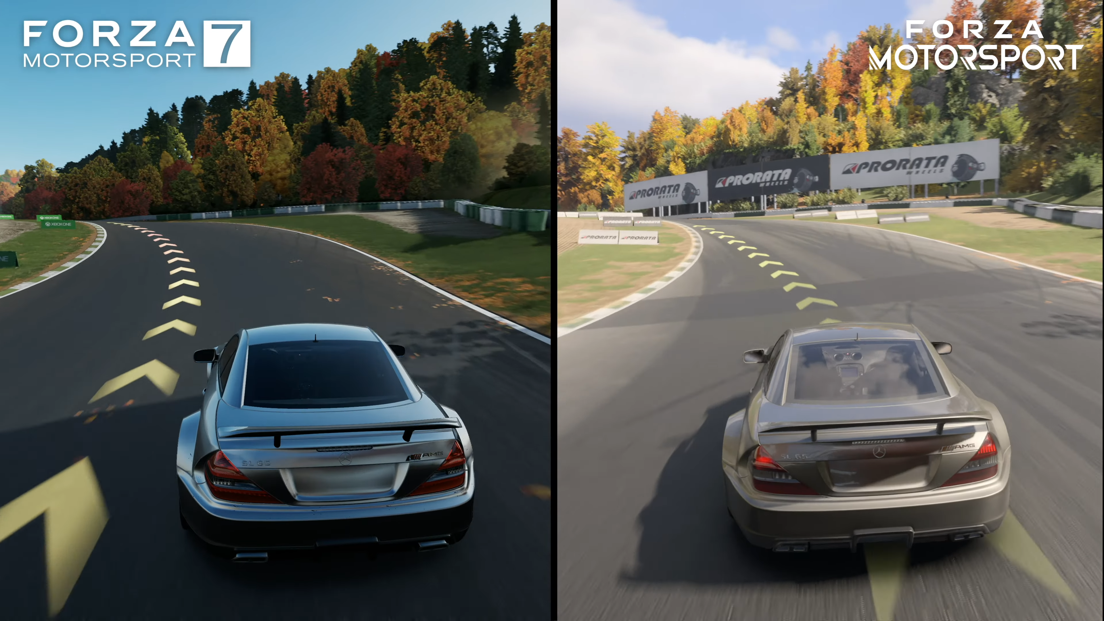 a side-by-side comparison of Forza 7 vs Forza Motorsport (2023), showing the new game&rsquo;s graphical advancements