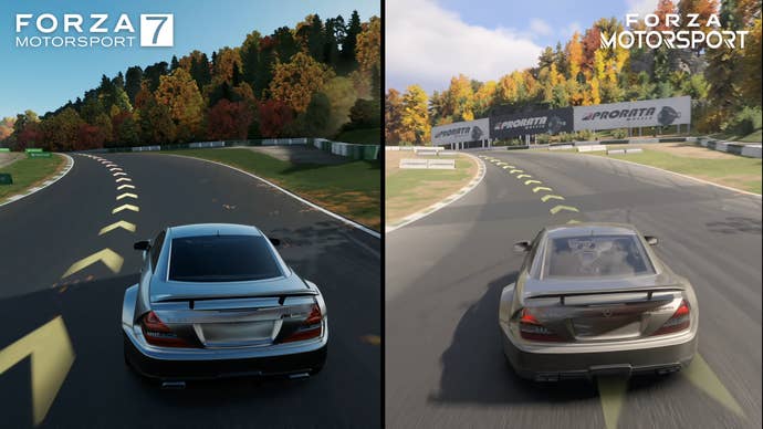 a side-by-side comparison of Forza 7 vs Forza Motorsport (2023), showing the new game’s graphical advancements