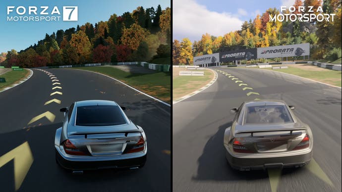a side-by-side comparison of Forza 7 vs Forza Motorsport (2023), showing the new game's graphical advancements