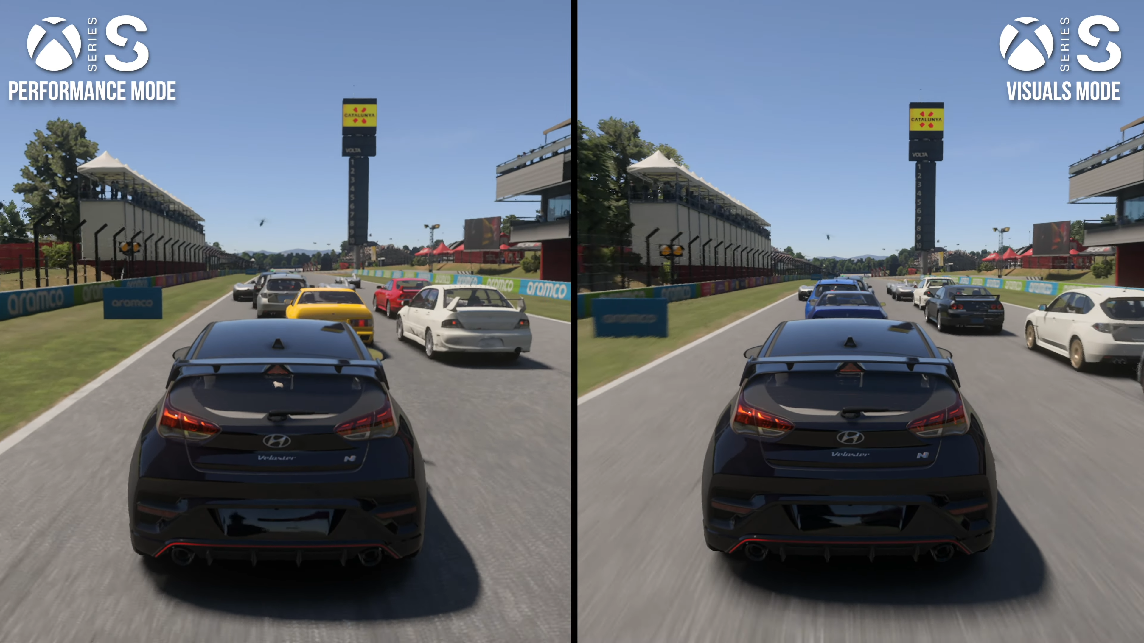 Comparison between Forza Motorsport (2023)&rsquo;s graphical modes on Xbox Series S.