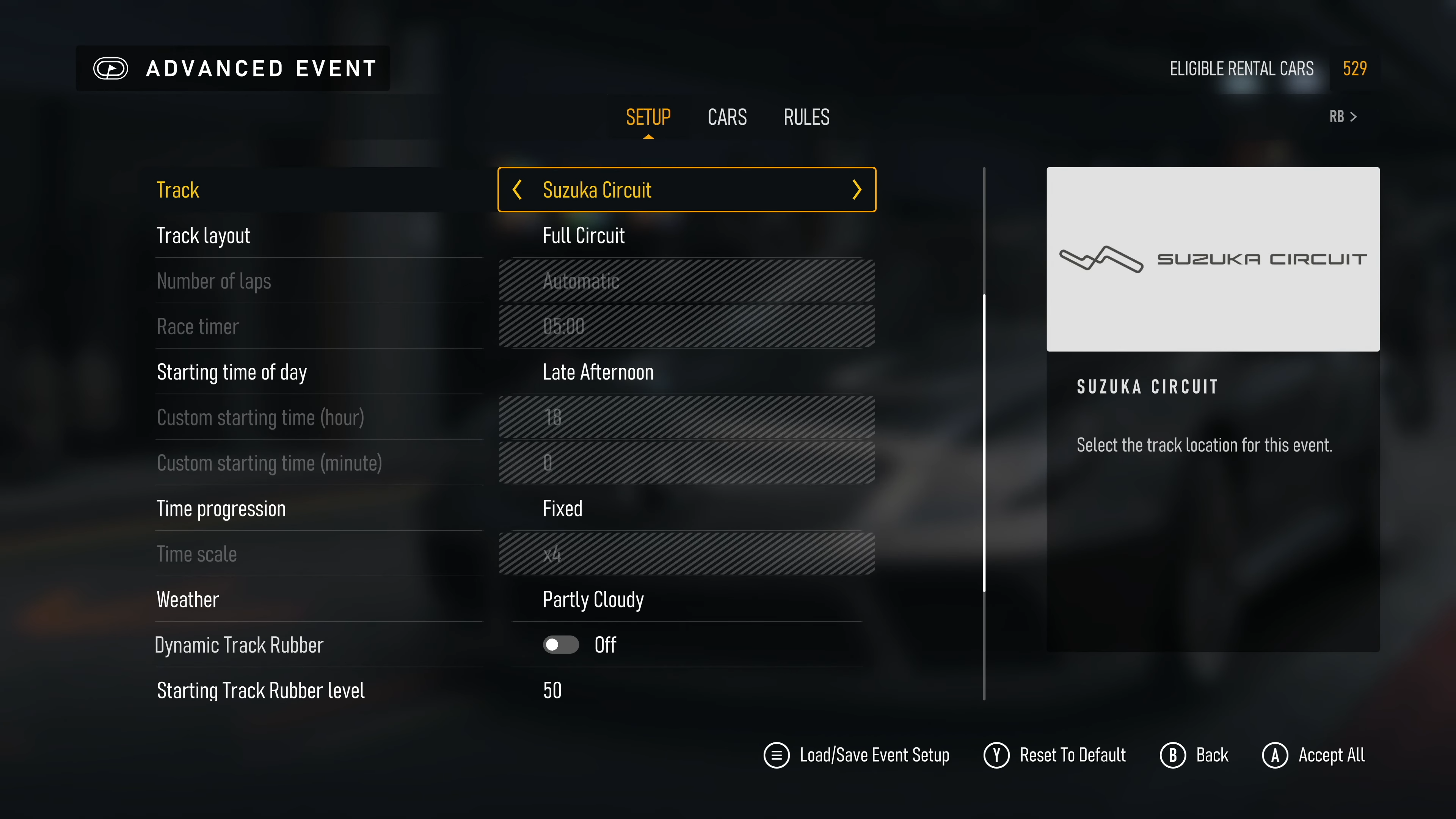 A screenshot of Forza Motorsport (2023), showing the various time of day options.